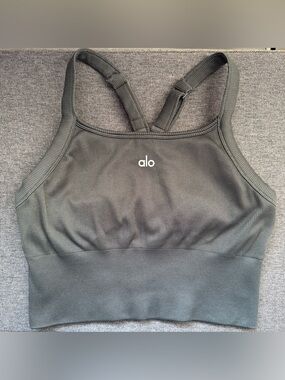 ALO Yoga Olive Ribbed Longline Sports Bra